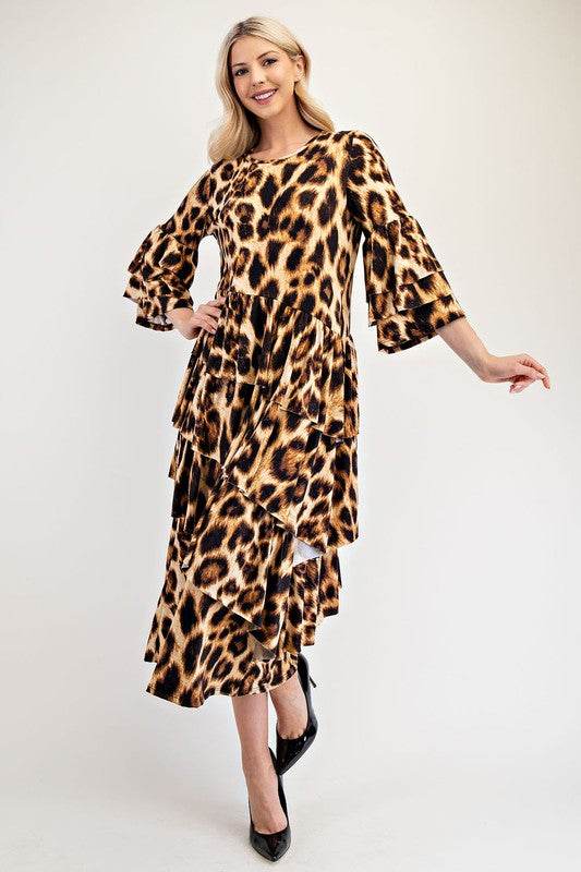 Celeste Full Size Leopard Asymmetrical Ruffle Midi Dress Plus Size - Hovatok