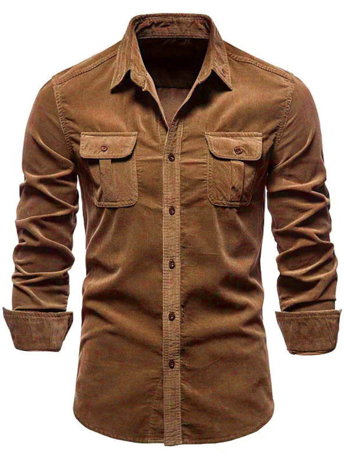 Men's Full Size Collared Neck Button Down Shirt with Chest Pockets Plus Size - Hovatok