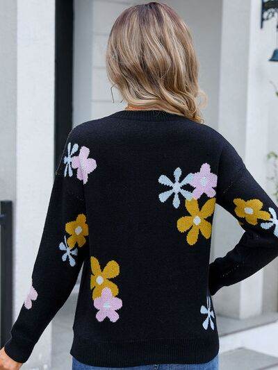 Angel Wings Flower Round Neck Dropped Shoulder Sweater - Hovatok