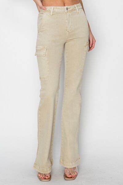 RISEN Full Size High Rise Side Slit Cargo Bootcut Jeans - Hovatok