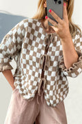 Double Take Tied Checkered Dropped Shoulder Flounce Sleeve Cardigan - Hovatok