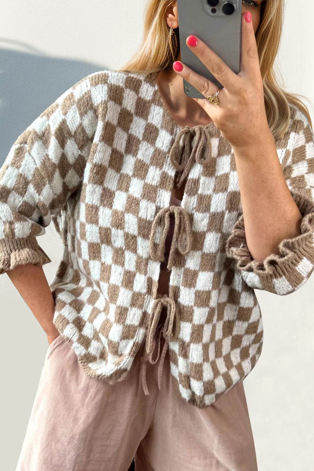 Double Take Tied Checkered Dropped Shoulder Flounce Sleeve Cardigan - Hovatok