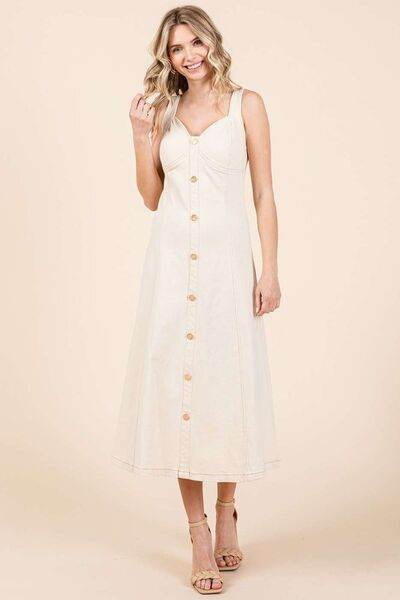 Mittoshop Stretch Twill Decor Button Sleeveless Midi Dress - Hovatok