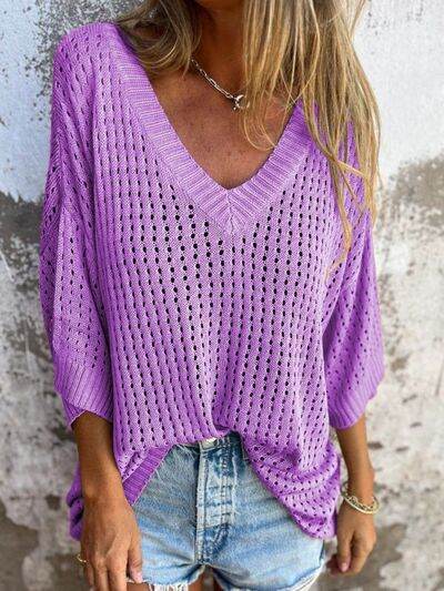 Full Size Openwork V-Neck Knit Cover Up Plus Size - Hovatok