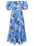 Pleated Floral Off-Shoulder Short Sleeve Midi Dress - Hovatok