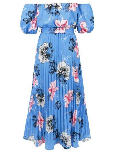 Pleated Floral Off-Shoulder Short Sleeve Midi Dress - Hovatok