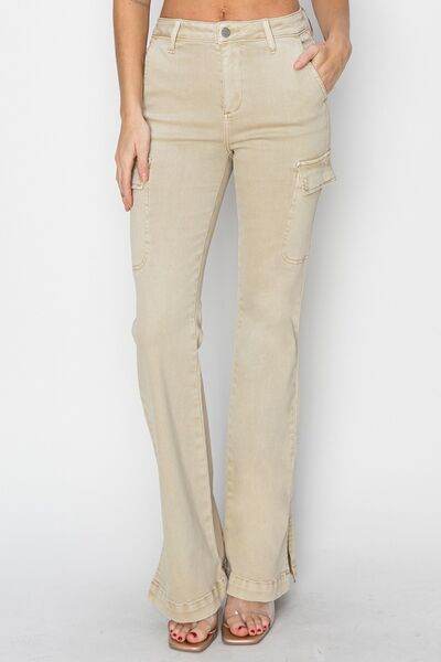 RISEN Full Size High Rise Side Slit Cargo Bootcut Jeans - Hovatok