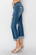 RISEN Full Size Cuffed Ankle Distressed Straight Jeans - Hovatok