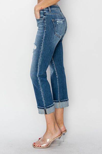 RISEN Full Size Cuffed Ankle Distressed Straight Jeans - Hovatok