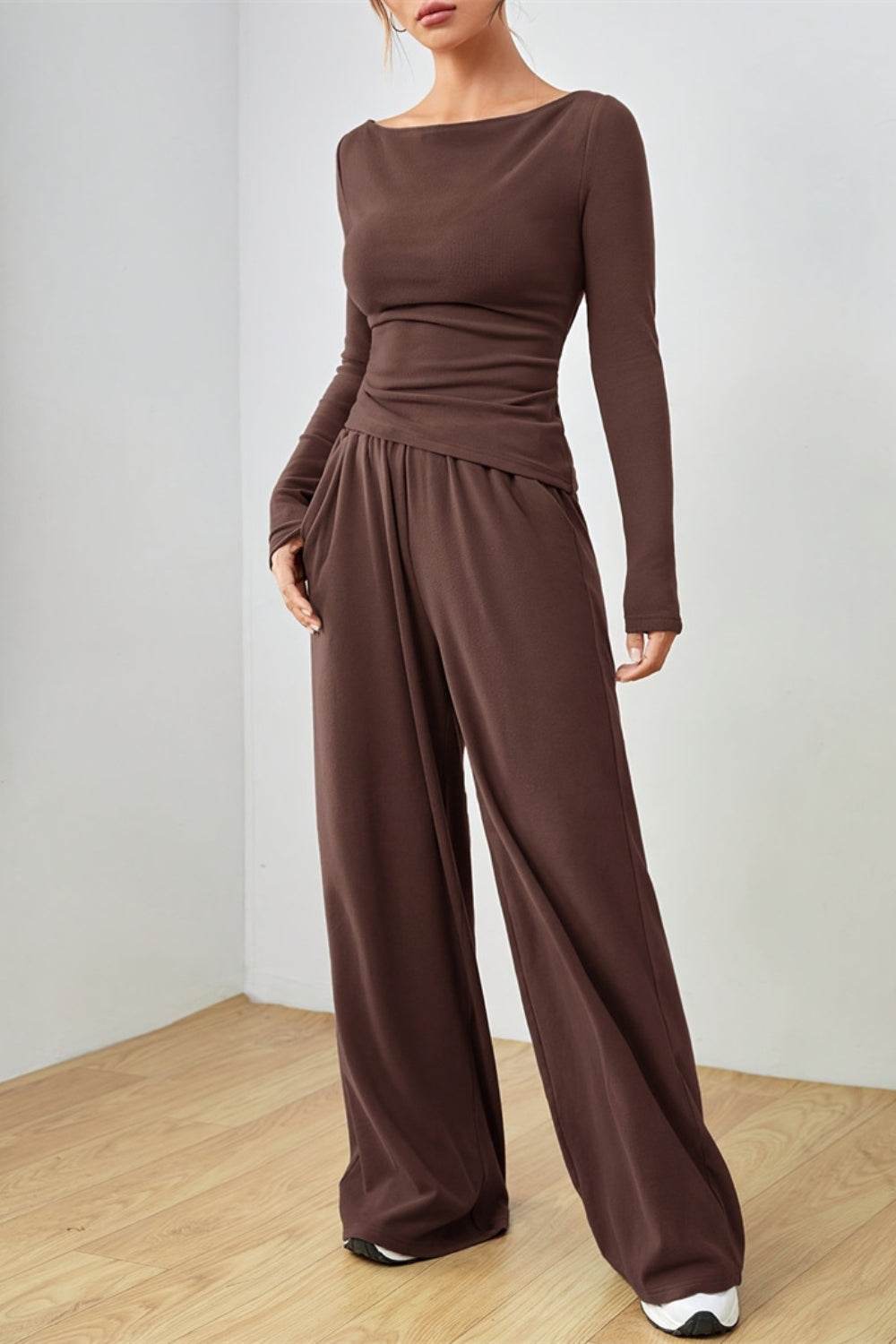 Boat Neck Long Sleeve Top and Pants Set - Hovatok