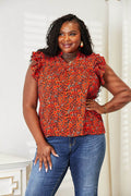 Double Take Floral Flutter Sleeve Notched Neck Blouse - Hovatok
