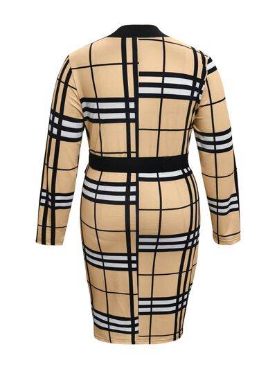Plus Size Plaid V-Neck Long Sleeve Wrap Dress - Hovatok