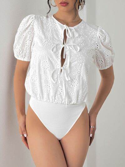 Perfee Tied Eyelet Short Sleeve Bodysuit - Hovatok