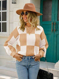 Angel Wings Checkered Round Neck Dropped Shoulder Sweater - Hovatok