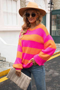 Angel Wings Striped Balloon Sleeve Knit Pullover - Hovatok