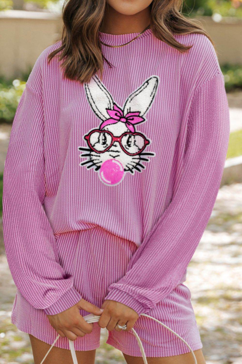 Bubble Gum Rabbit Sequin Corded Rib Top and Shorts Set - Hovatok