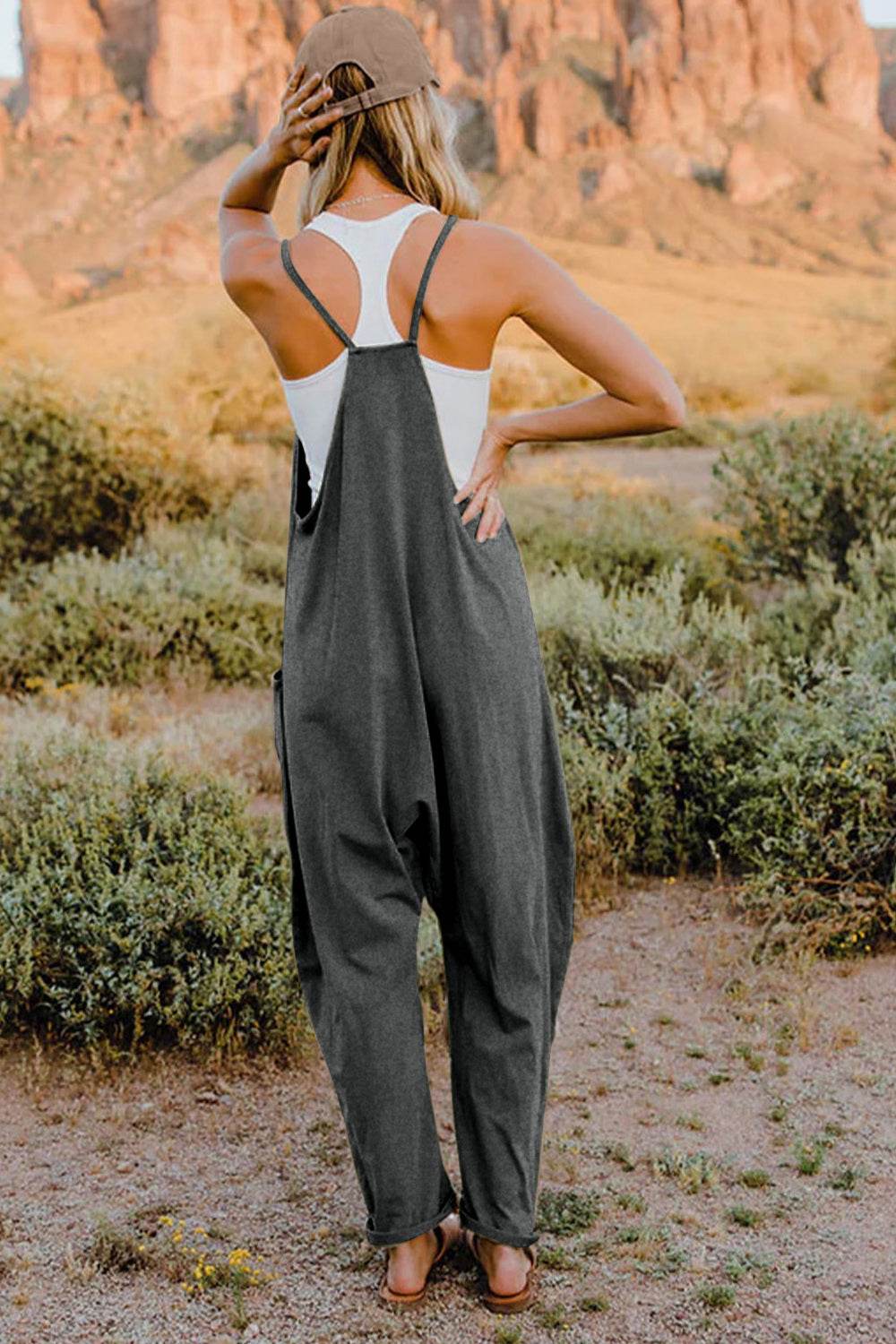 Double Take Full Size V-Neck Sleeveless Jumpsuit with Pockets - Hovatok