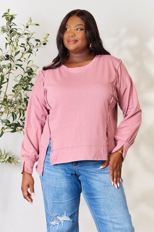 Culture Code Full Size Round Neck Exposed Seam Slit Top - Hovatok