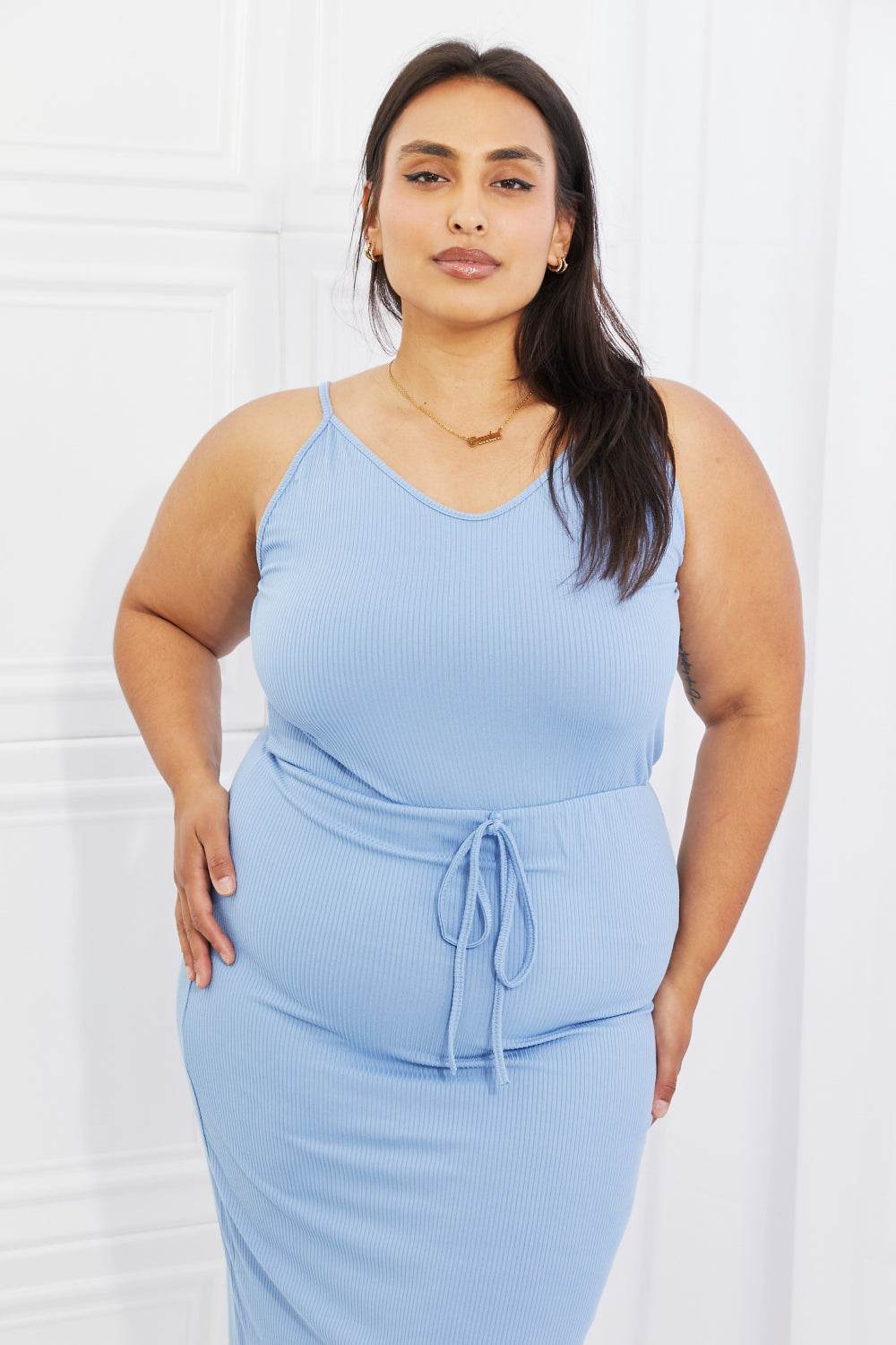 Capella Flatter Me Full Size Ribbed Front Tie Midi Dress in Pastel Blue - Hovatok
