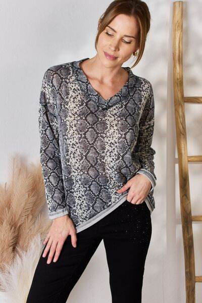 Hailey & Co Full Size Snakeskin V-Neck Long Sleeve Top - Hovatok