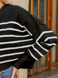 Round Neck Striped Lantern Sleeve Sweater - Hovatok