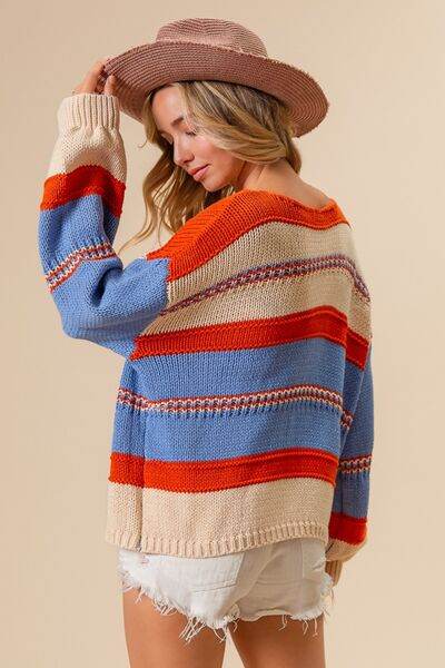 BiBi Multi Color Stripe Scoop Neck Sweater - Hovatok