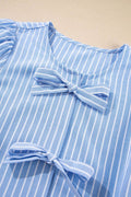 Striped Bowknot Detail Puff Sleeve Top and Shorts Set - Hovatok