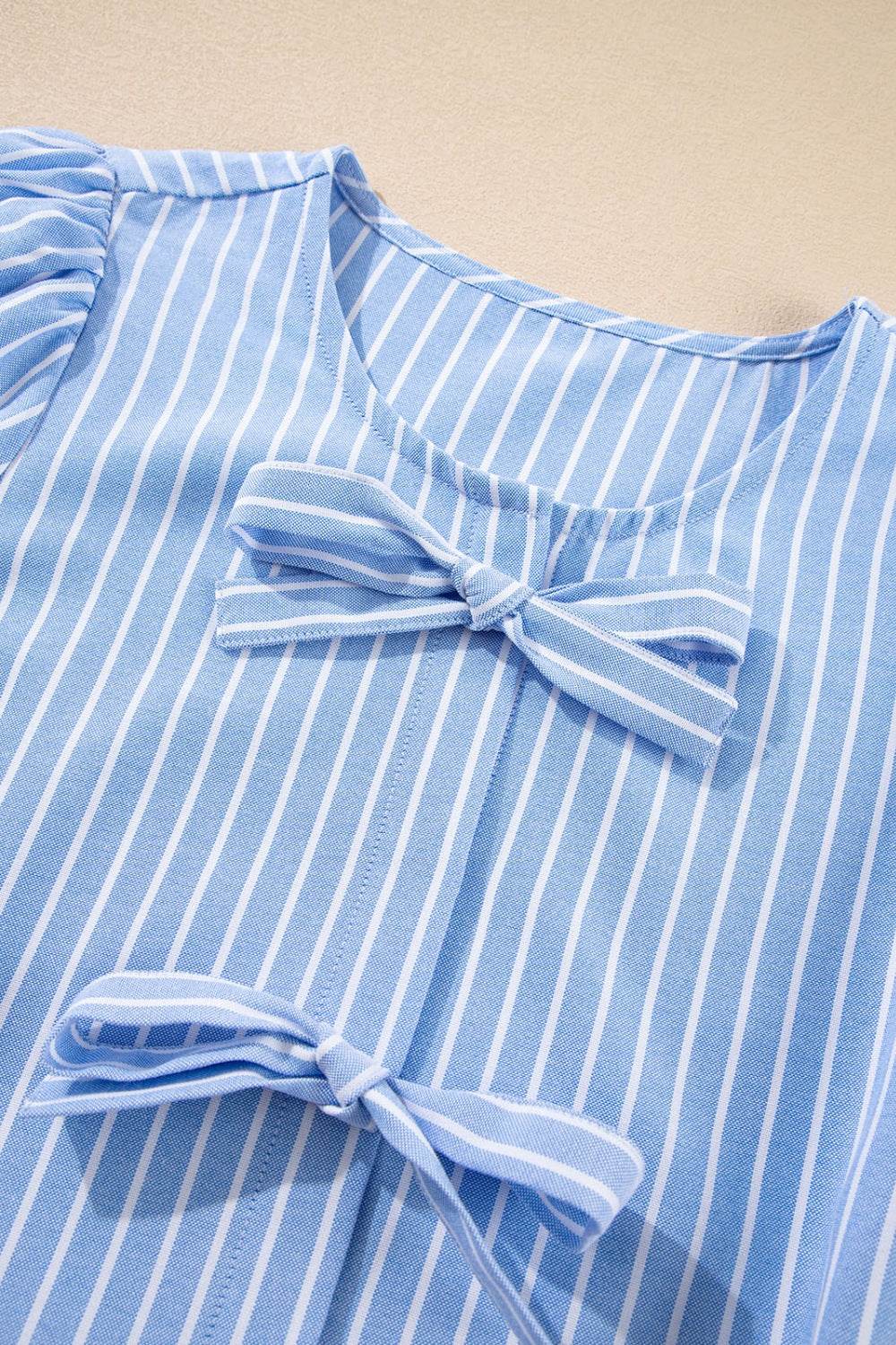 Striped Bowknot Detail Puff Sleeve Top and Shorts Set - Hovatok
