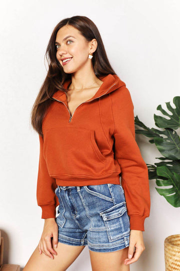 Double Take Half-Zip Long Sleeve Hoodie - Hovatok