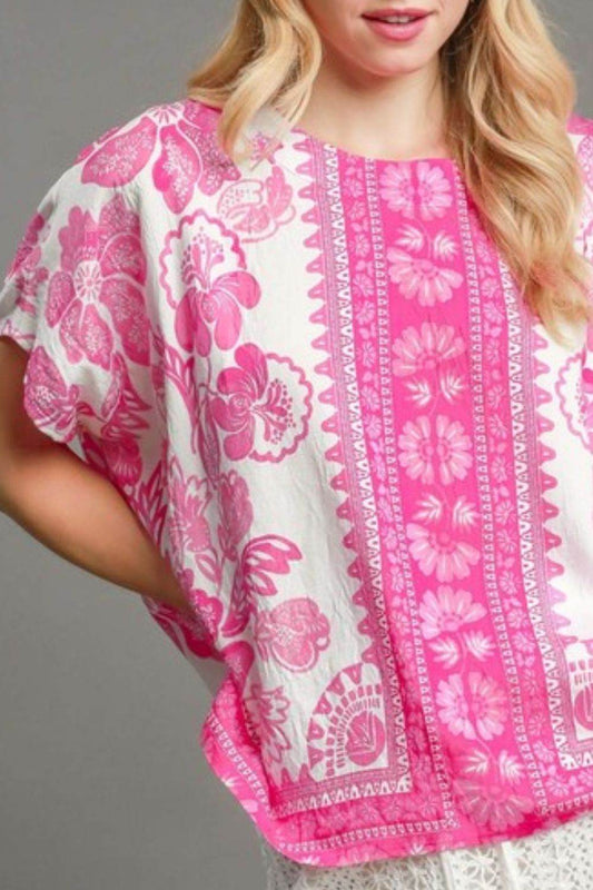 Umgee Full Size Floral Border Print Oversized Top Plus Size - Hovatok