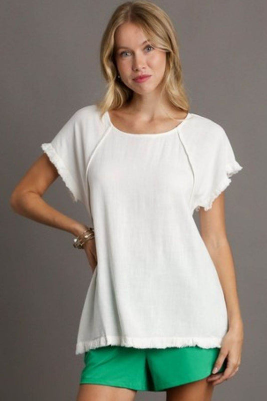 Umgee Full Size Seam Detail Linen Ruffle Fringe Edge Top Plus Size - Hovatok