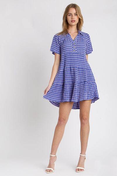 Umgee Full Size Gingham Tiered Button Detail Short Sleeve Dress Plus Size - Hovatok