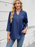 Notched Three-Quarter Sleeve Denim Top - Hovatok