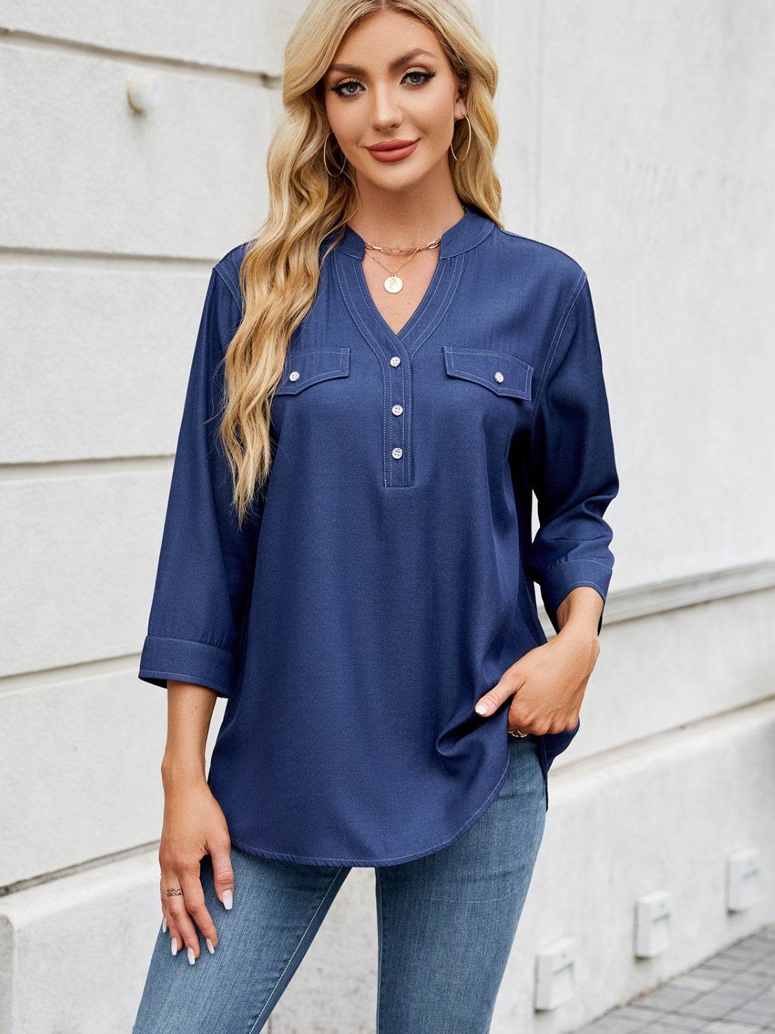 Notched Three-Quarter Sleeve Denim Top - Hovatok