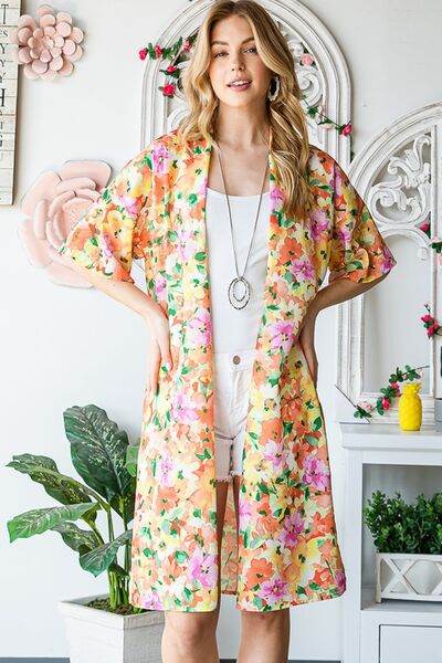Heimish Full Size Half Sleeve Multi Color Floral Open Cardigan Plus Size - Hovatok