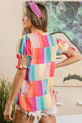 BiBi Color Block Smocked Short Sleeve Blouse - Hovatok
