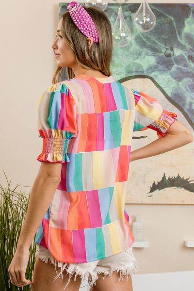 BiBi Color Block Smocked Short Sleeve Blouse - Hovatok