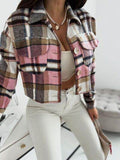 Pocketed Collared Neck Long Sleeve Plaid Jacket - Hovatok