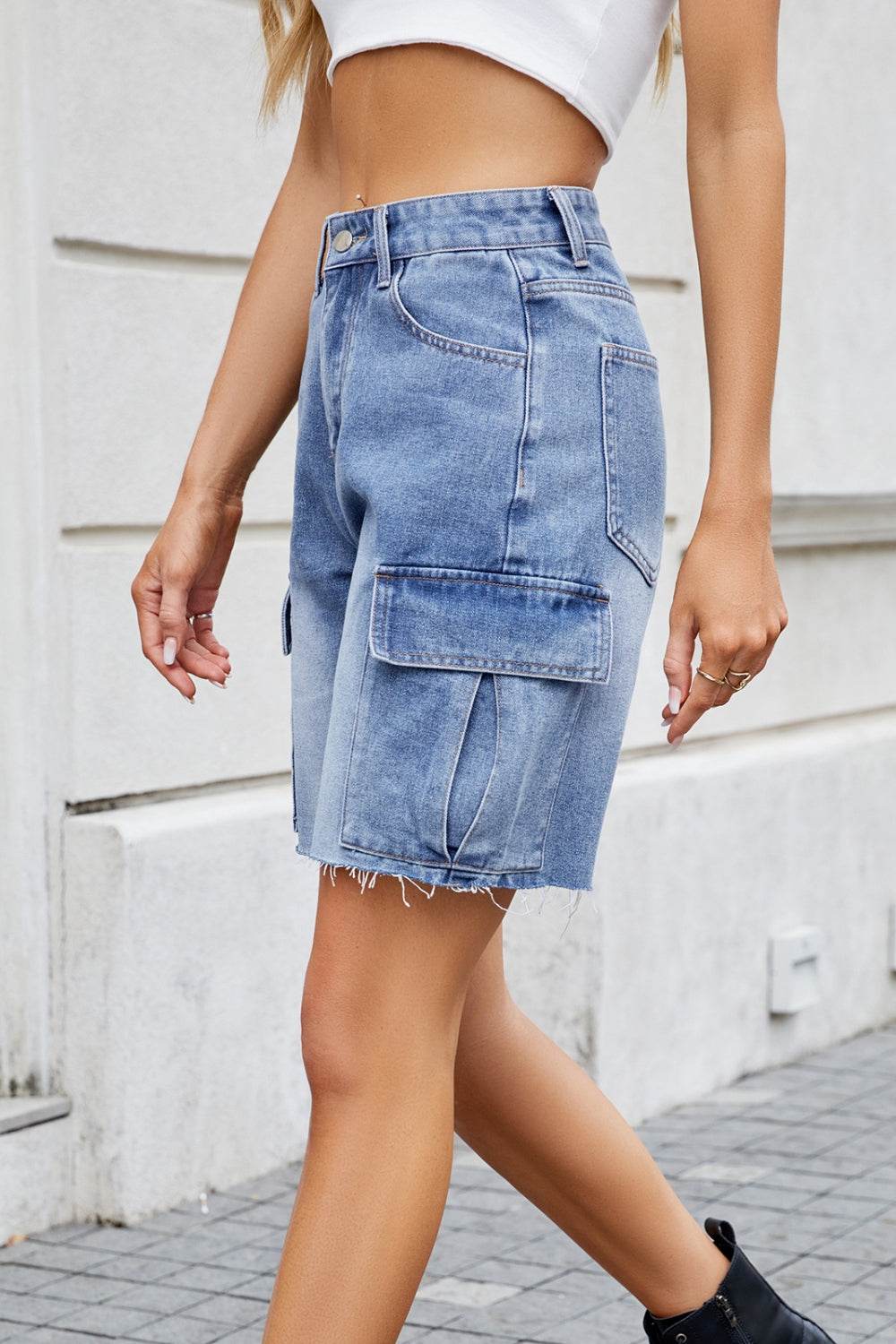 Raw Hem Washed Denim Shorts with Cargo Pockets - Hovatok