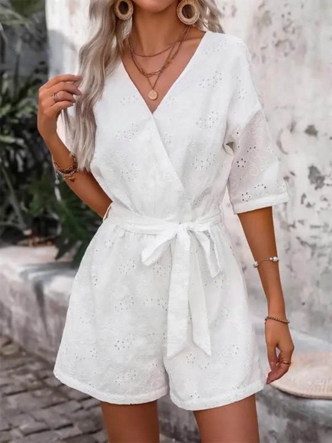 Tied Front Eyelet Romper - Hovatok