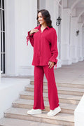 Drawstring Flounce Sleeve Shirt and Pants Set - Hovatok