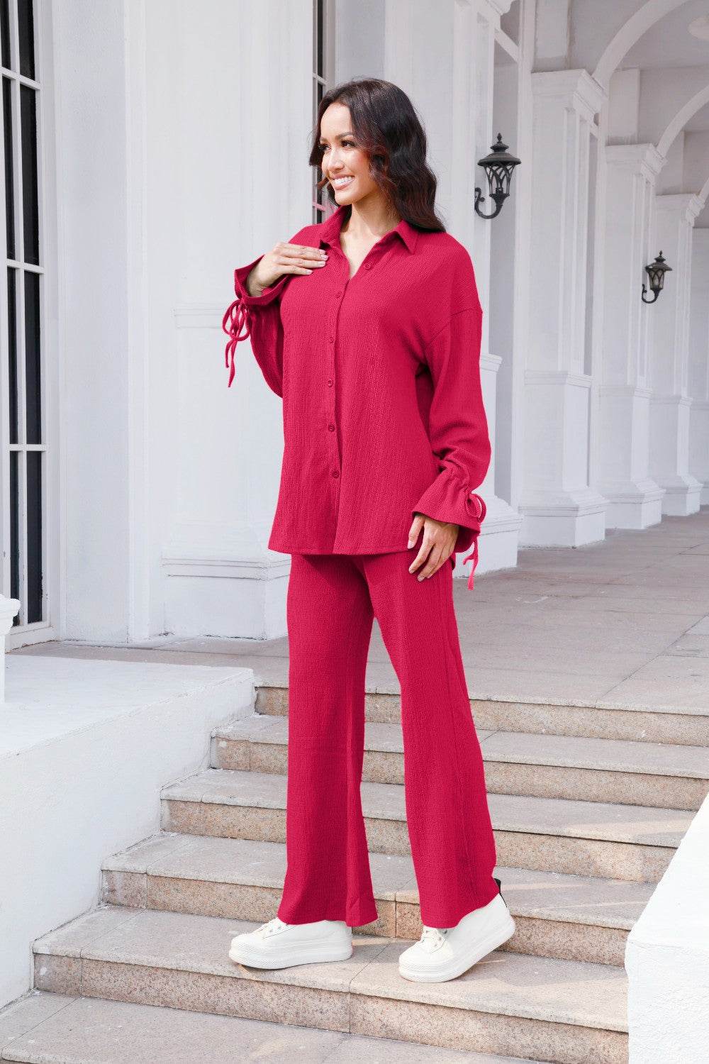 Drawstring Flounce Sleeve Shirt and Pants Set - Hovatok