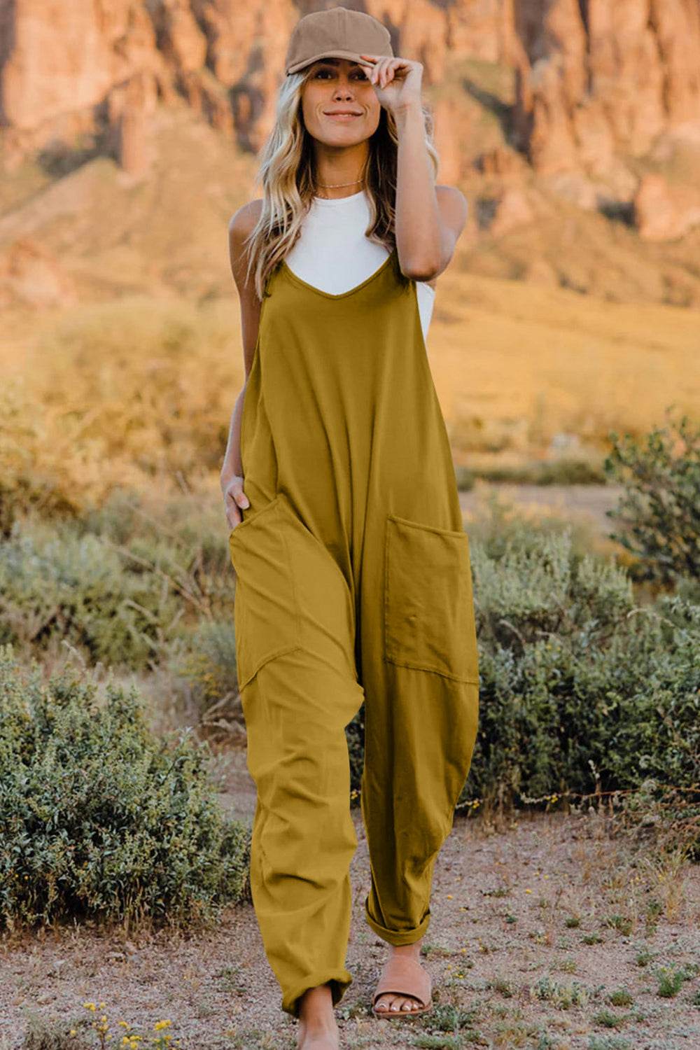 Double Take Full Size V-Neck Sleeveless Jumpsuit with Pockets - Hovatok