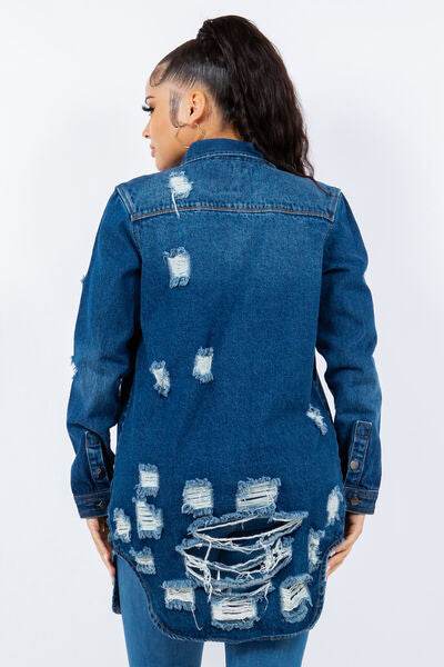 American Bazi Distressed Button Up Long Sleeve Denim Jacket - Hovatok