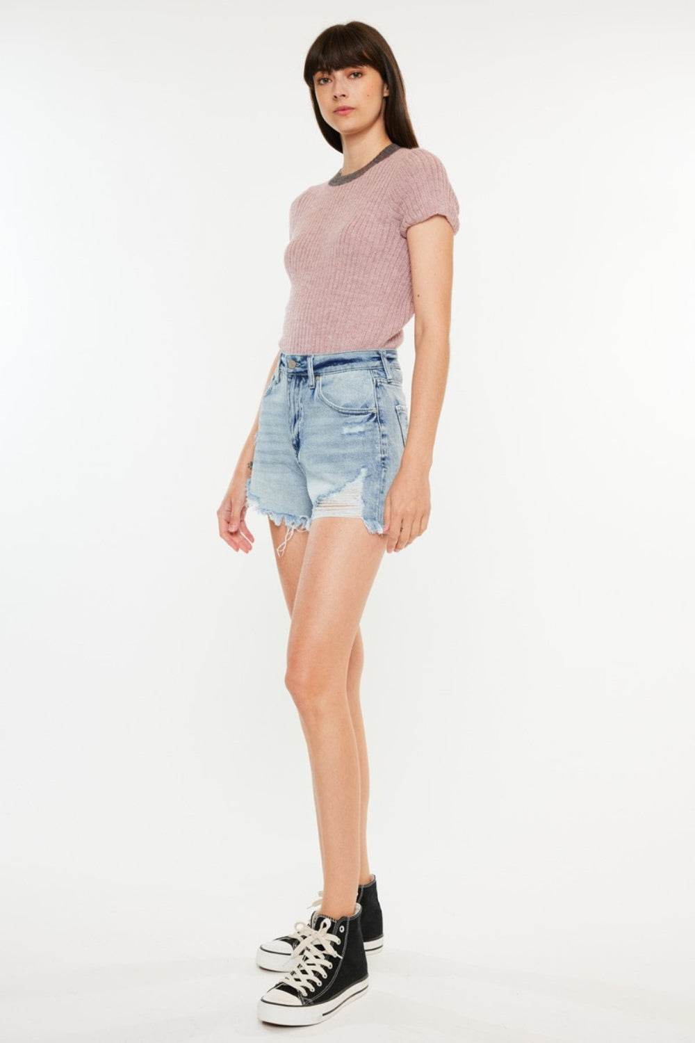 Kancan Distressed High Waist Denim Shorts with Pockets - Hovatok