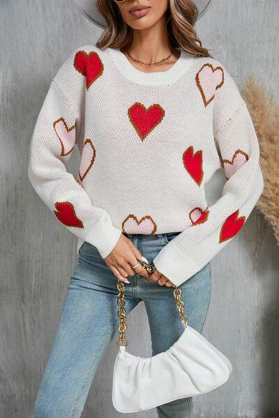 Angel Wings Contrast Heart Round Neck Long Sleeve Sweater - Hovatok