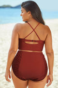 Full Size Halter Neck Crisscross Ruched Two-Piece Swimsuit - Hovatok