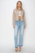 RISEN Full Size Raw Hem Button Up Cropped Denim Jacket Plus Size - Hovatok