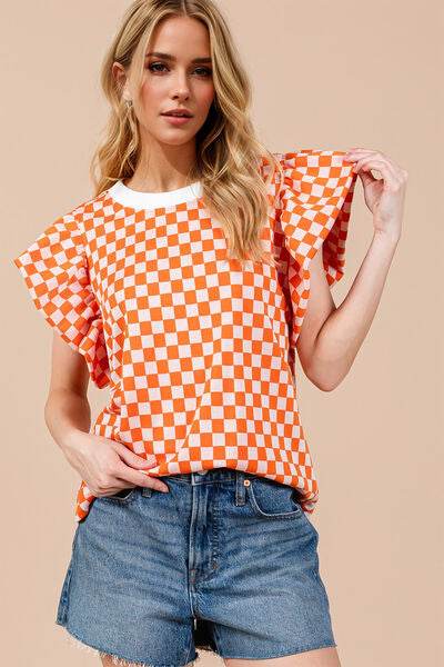 Oh Checkered Round Neck Puff Sleeve Blouse - Hovatok