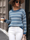 Perfee Striped Round Neck Long Sleeve Sweater - Hovatok